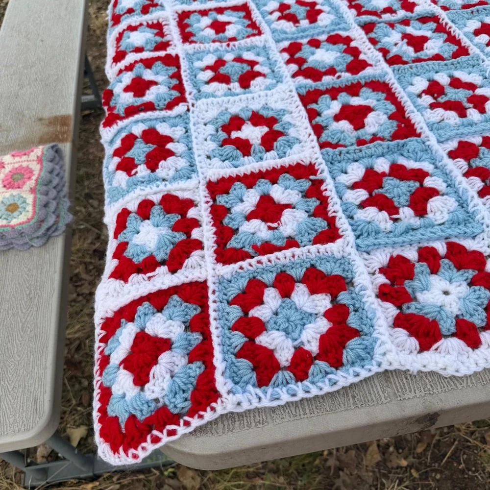 Handmade Crochet Granny Square Blanket Red White Blue Throw 39x33 Cottagecore